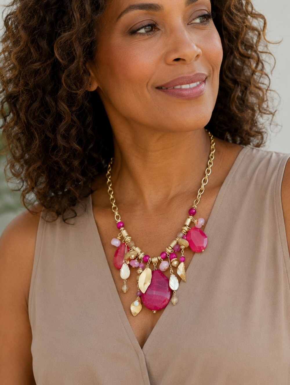Chico’s Semi-Precious Stone Pink & Gold Statement Necklace